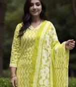 Green printed pure cotton kurta trouser dupatta set