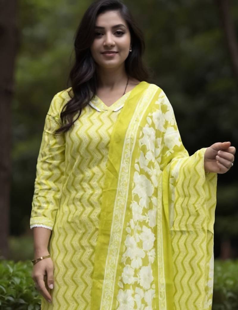 Green printed pure cotton kurta trouser dupatta set
