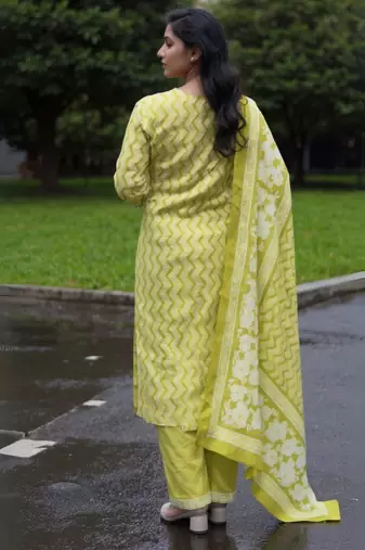 Green printed pure cotton kurta trouser dupatta set
