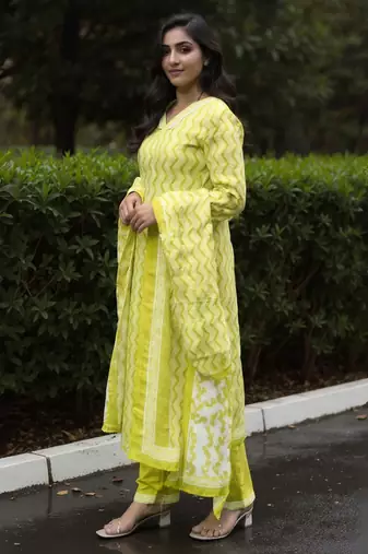 Green printed pure cotton kurta trouser dupatta set
