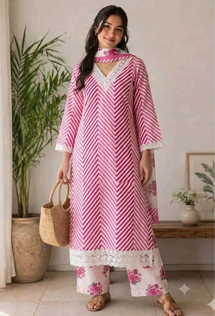 Rani-pink printed rayon cotton suit set with lace work