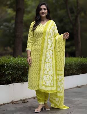 Green printed pure cotton kurta trouser dupatta set 4