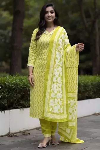 Green printed pure cotton kurta trouser dupatta set