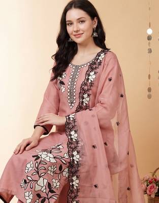 Peach embroidered silk blend kurta trouser dupatta set 2