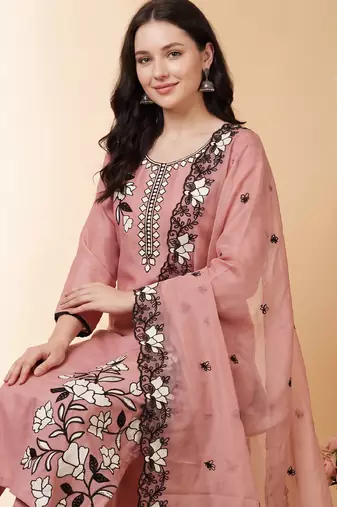 Peach embroidered silk blend kurta trouser dupatta set