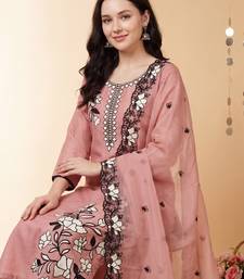 Peach embroidered silk blend kurta trouser dupatta set