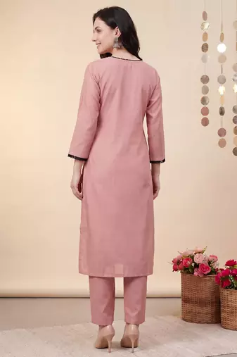 Peach embroidered silk blend kurta trouser dupatta set