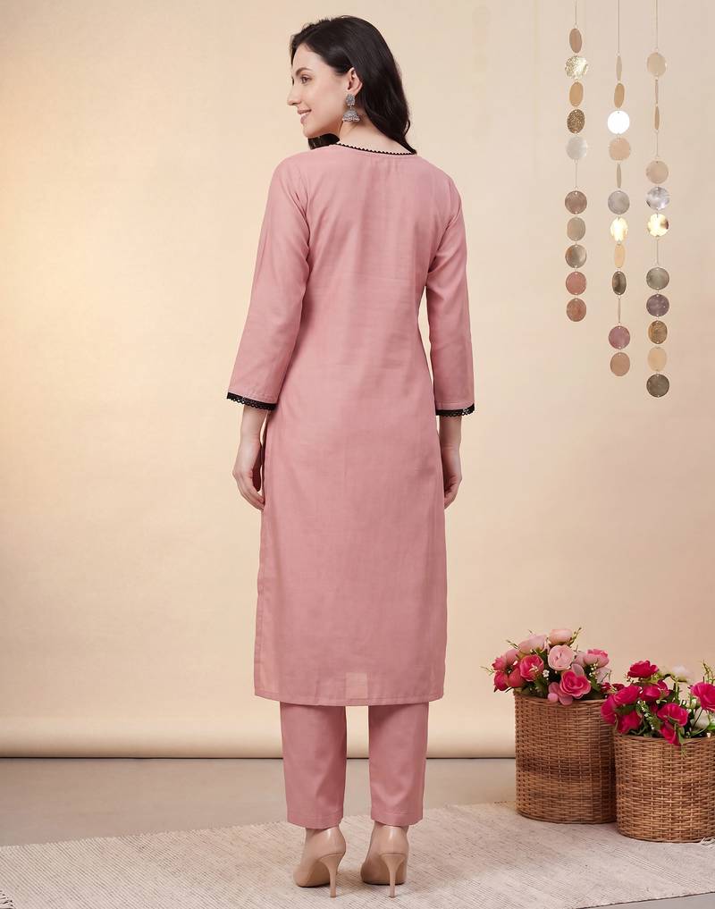 Peach embroidered silk blend kurta trouser dupatta set