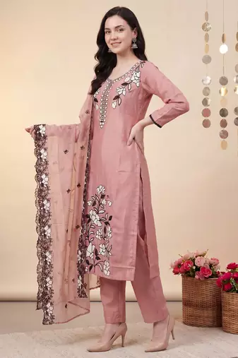Peach embroidered silk blend kurta trouser dupatta set