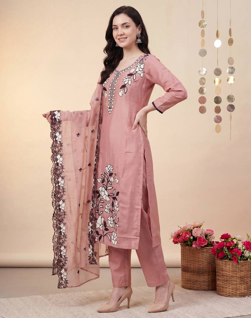 Peach embroidered silk blend kurta trouser dupatta set