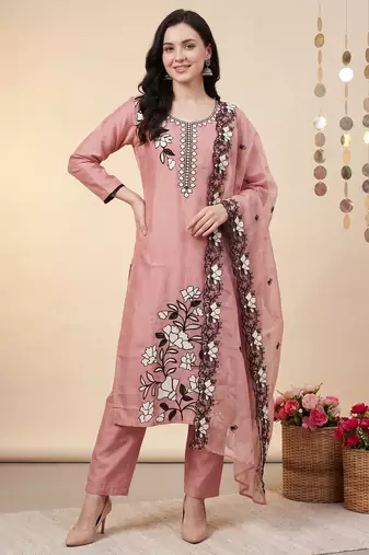Peach embroidered silk blend kurta trouser dupatta set