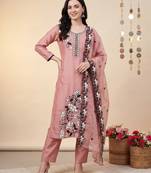 Peach embroidered silk blend kurta trouser dupatta set