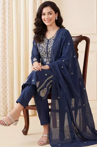 Teal embroidered pure cotton kurta trouser dupatta set