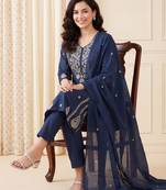 Teal embroidered pure cotton kurta trouser dupatta set