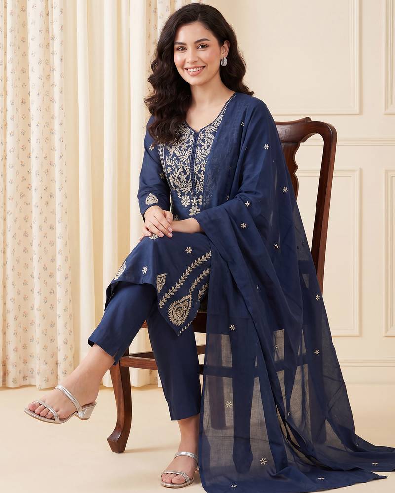 Teal embroidered pure cotton kurta trouser dupatta set