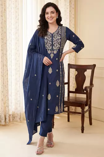 Teal embroidered pure cotton kurta trouser dupatta set