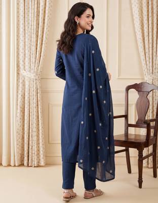 Teal embroidered pure cotton kurta trouser dupatta set 3
