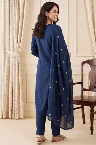 Teal embroidered pure cotton kurta trouser dupatta set