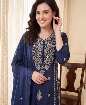 Teal embroidered pure cotton kurta trouser dupatta set 4