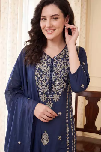 Teal embroidered pure cotton kurta trouser dupatta set