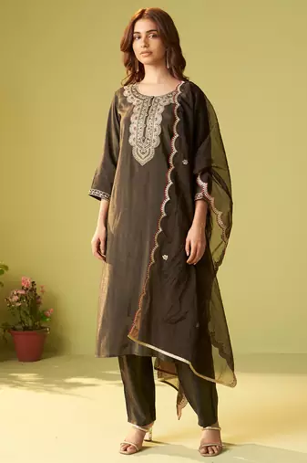 Green embroidered liva kurta trouser dupatta set