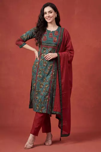 Green printed pure cotton kurta trouser dupatta set