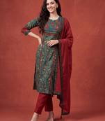 Green printed pure cotton kurta trouser dupatta set