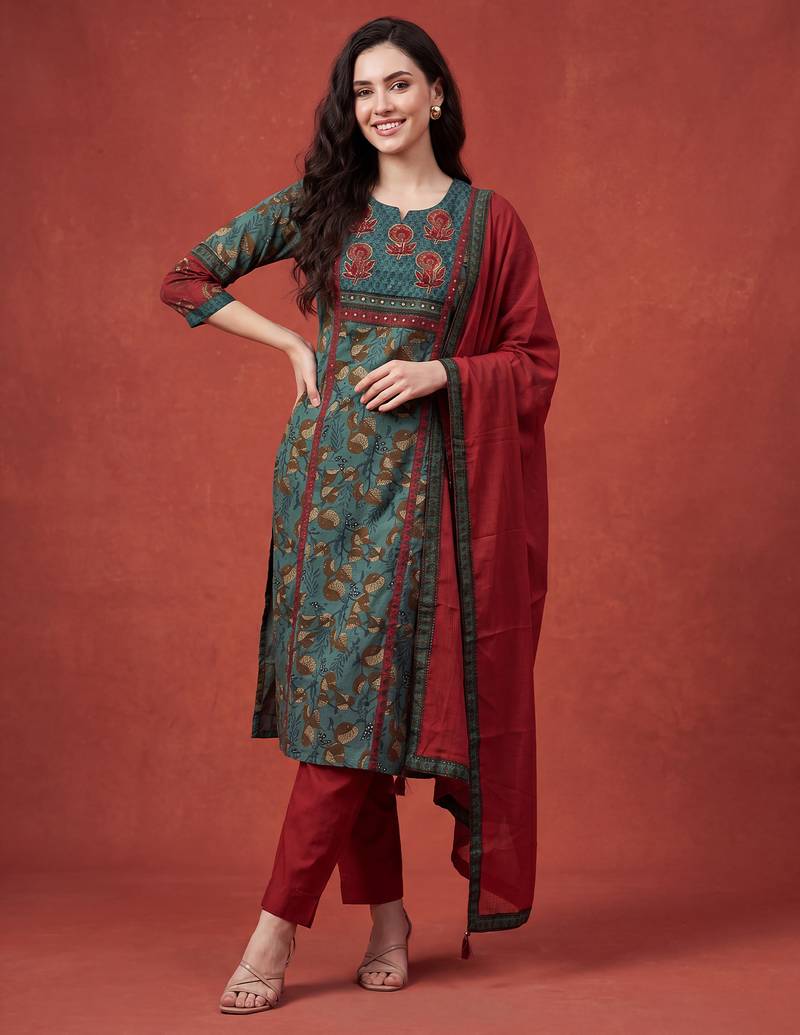 Green printed pure cotton kurta trouser dupatta set