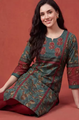 Green printed pure cotton kurta trouser dupatta set