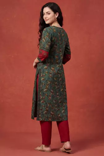 Green printed pure cotton kurta trouser dupatta set