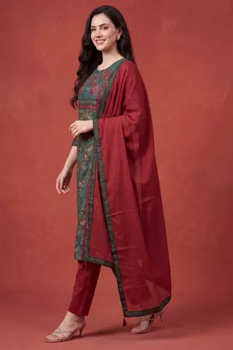 Green printed pure cotton kurta trouser dupatta set