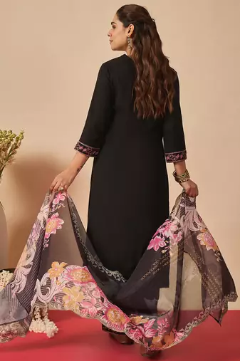 Black embroidered viscose rayon kurta trouser dupatta set