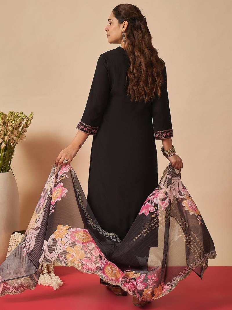 Black embroidered viscose rayon kurta trouser dupatta set