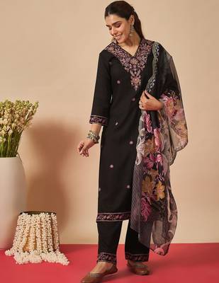 Black embroidered viscose rayon kurta trouser dupatta set 3