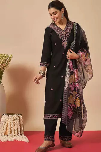 Black embroidered viscose rayon kurta trouser dupatta set