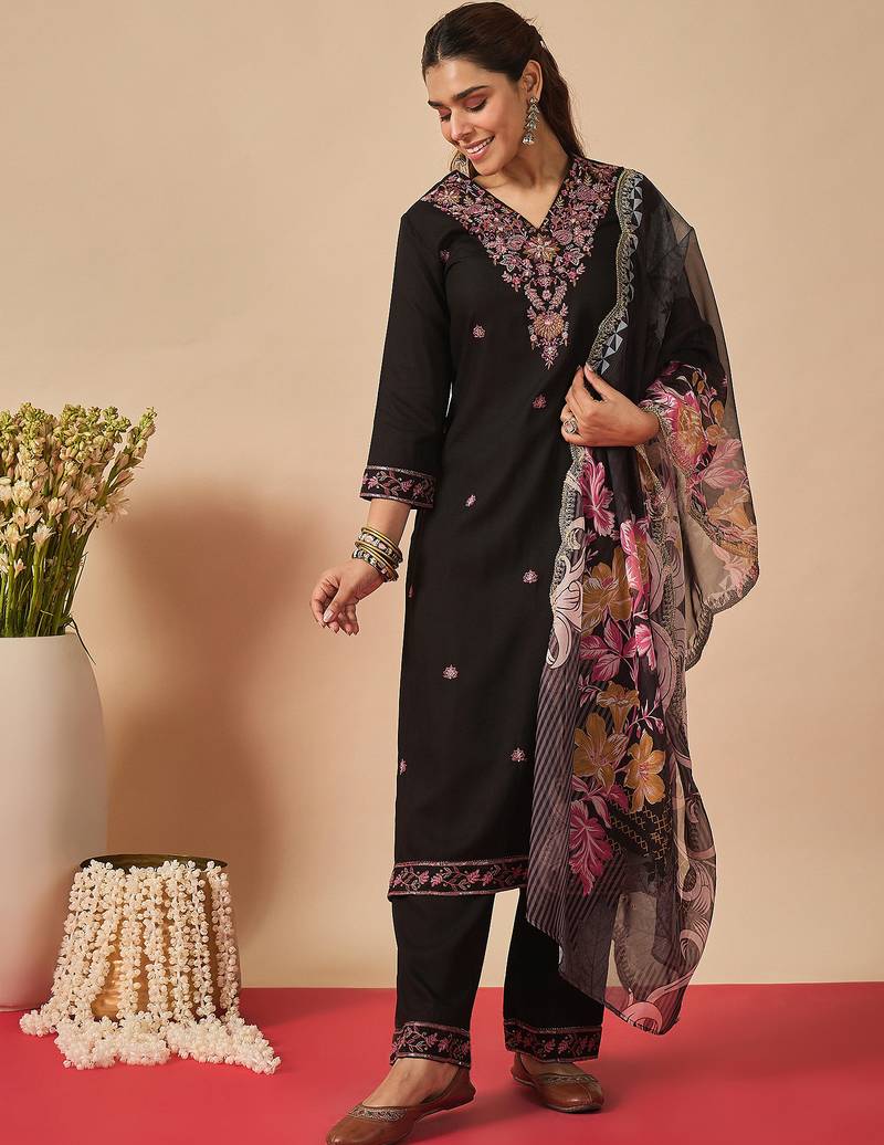 Black embroidered viscose rayon kurta trouser dupatta set