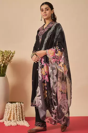 Black embroidered viscose rayon kurta trouser dupatta set