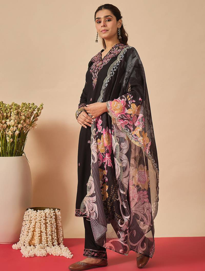 Black embroidered viscose rayon kurta trouser dupatta set