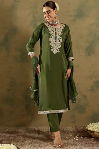 Green embroidered silk blend kurta trouser dupatta set