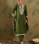 Green embroidered silk blend kurta trouser dupatta set