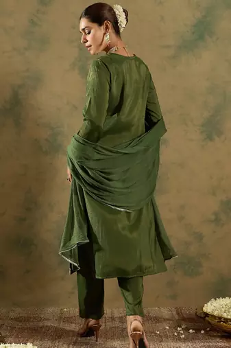 Green embroidered silk blend kurta trouser dupatta set