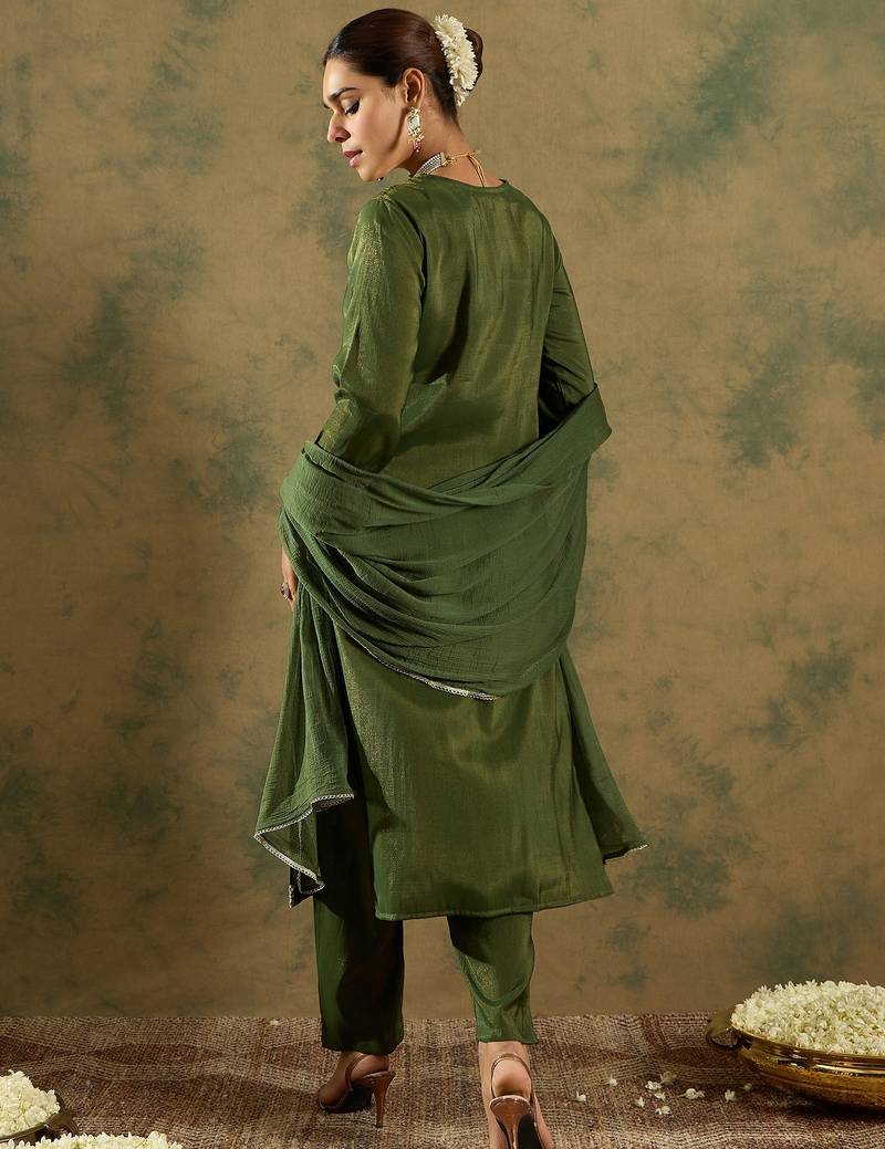 Green embroidered silk blend kurta trouser dupatta set