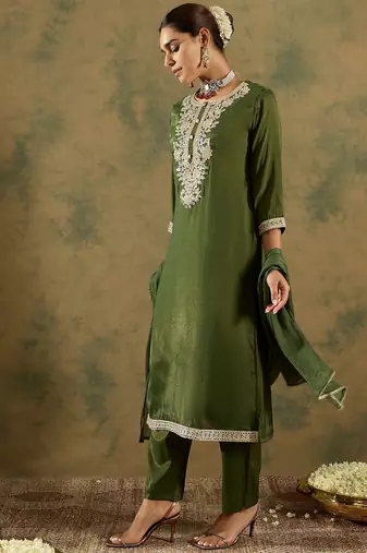 Green embroidered silk blend kurta trouser dupatta set