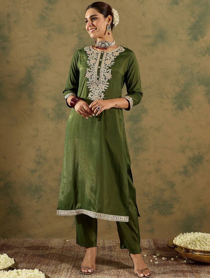 Green embroidered silk blend kurta trouser dupatta set