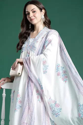 White printed pure cotton kurta trouser dupatta set