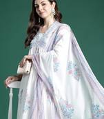 White printed pure cotton kurta trouser dupatta set