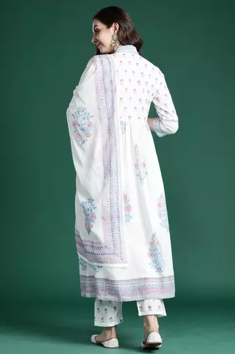 White printed pure cotton kurta trouser dupatta set