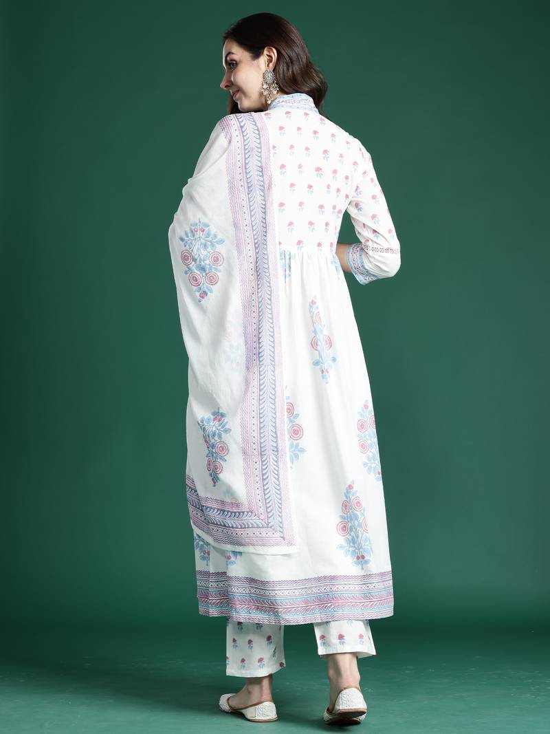 White printed pure cotton kurta trouser dupatta set