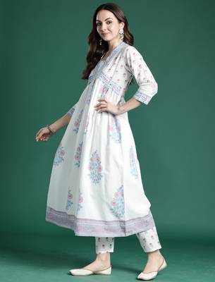 White printed pure cotton kurta trouser dupatta set 3