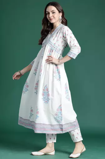 White printed pure cotton kurta trouser dupatta set